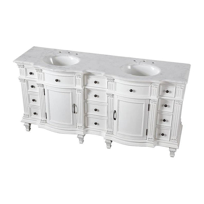 White double-sink bathroom vanity with ornate carved details, curved cabinets, and marble countertop with decorative legs.