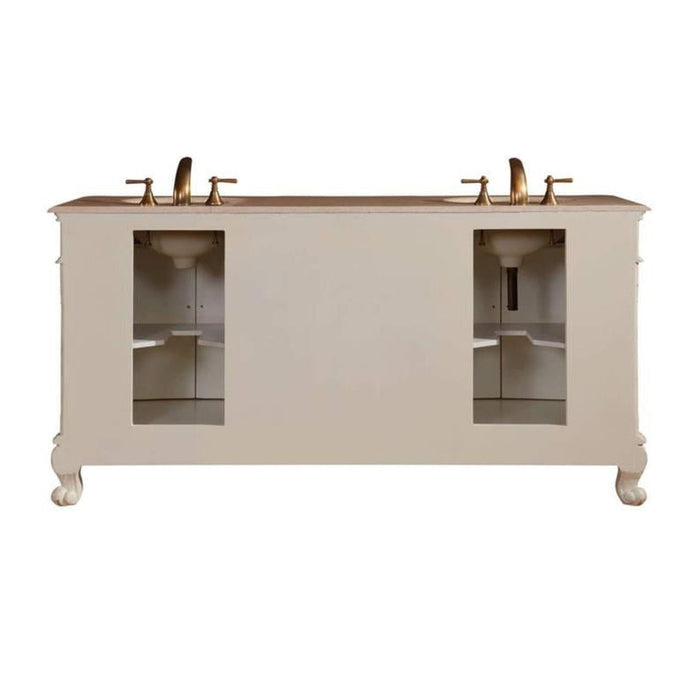 Double vanity with cream-colored cabinet, glass side panels, bronze faucets, and decorative claw feet.
