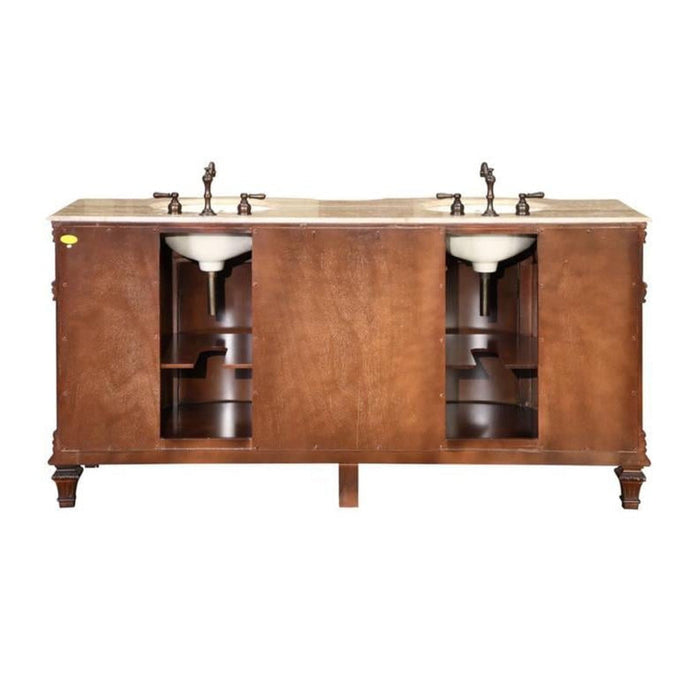 Wooden bathroom vanity with marble top, two white sinks, and bronze faucets, featuring dark wood cabinetry and decorative legs.