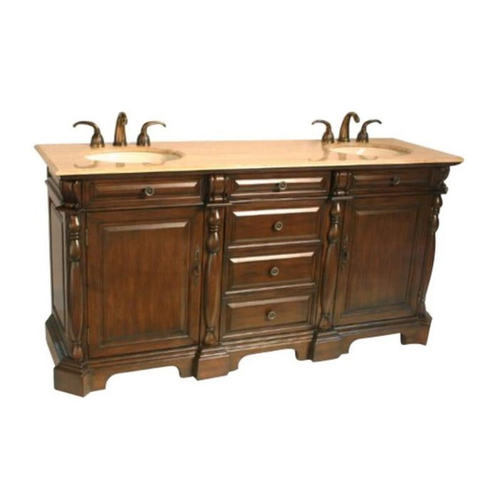 Dark wood double-sink bathroom vanity with ornate carved details and beige stone countertop, featuring central drawers and side cabinets.