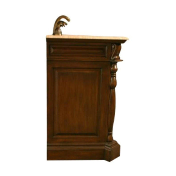 Wooden podium with decorative carved side and curved golden microphone, side view.