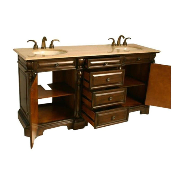 Traditional wooden bathroom vanity with double sinks, bronze faucets, marble top, and three center drawers with cabinet doors open.