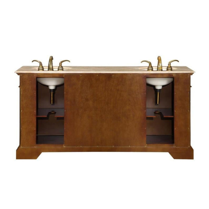 Double-sink wooden bathroom vanity with marble countertop and gold-toned faucets, featuring open shelving underneath.