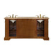 Double-sink wooden bathroom vanity with marble countertop and gold-toned faucets, featuring open shelving underneath.
