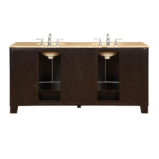 Dark wood double vanity with light stone countertop and two undermount sinks, chrome faucets, open shelving below.
