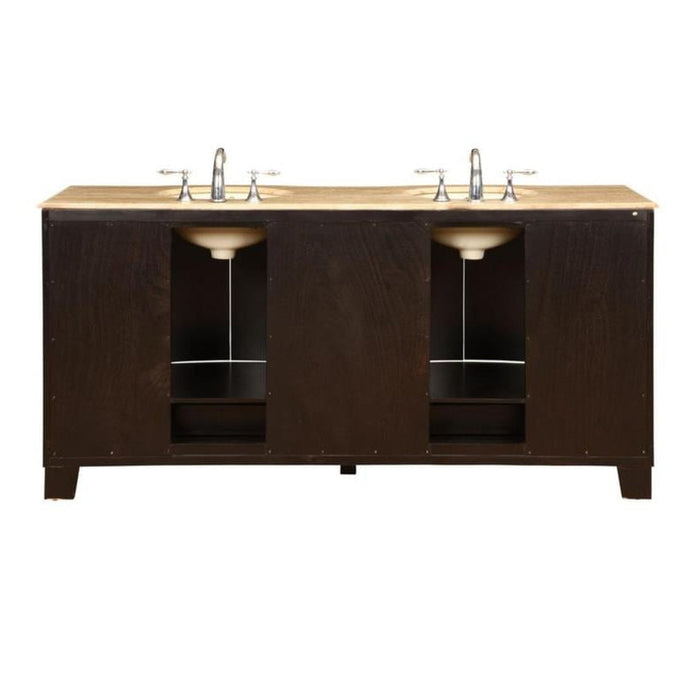 Dark wood double vanity with light stone countertop and two undermount sinks, chrome faucets, open shelving below.