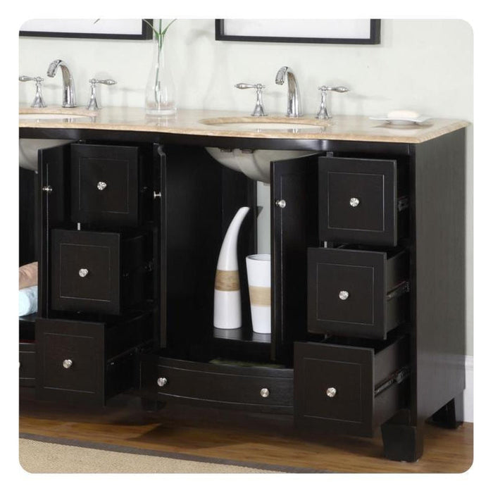Black bathroom vanity with marble top, multiple open drawers, and two undermount sinks with chrome faucets.