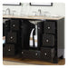 Black bathroom vanity with marble top, multiple open drawers, and two undermount sinks with chrome faucets.