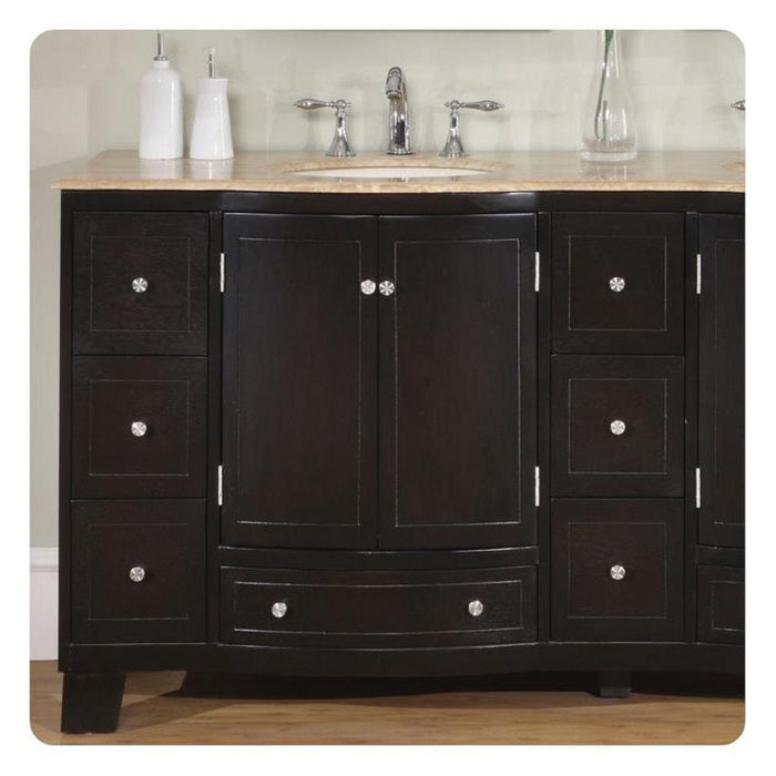 Black bathroom vanity with marble top, six drawers, center cabinet, and chrome faucet fixtures.
