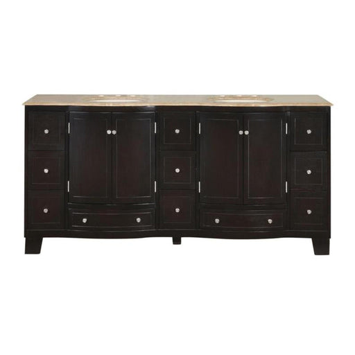 Dark wood bathroom vanity with two sinks, marble countertop, six drawers, and two center cabinets with decorative round knobs.