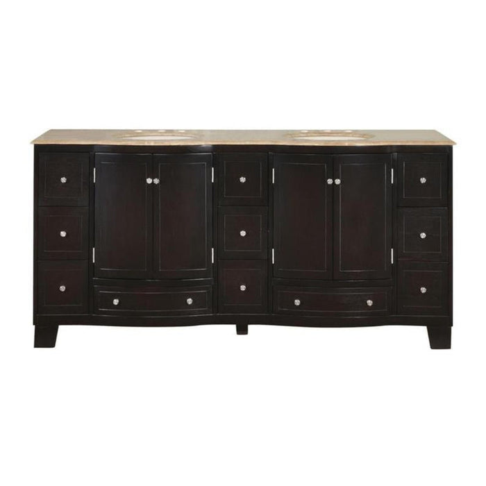 Dark wood bathroom vanity with two sinks, marble countertop, six drawers, and two center cabinets with decorative round knobs.