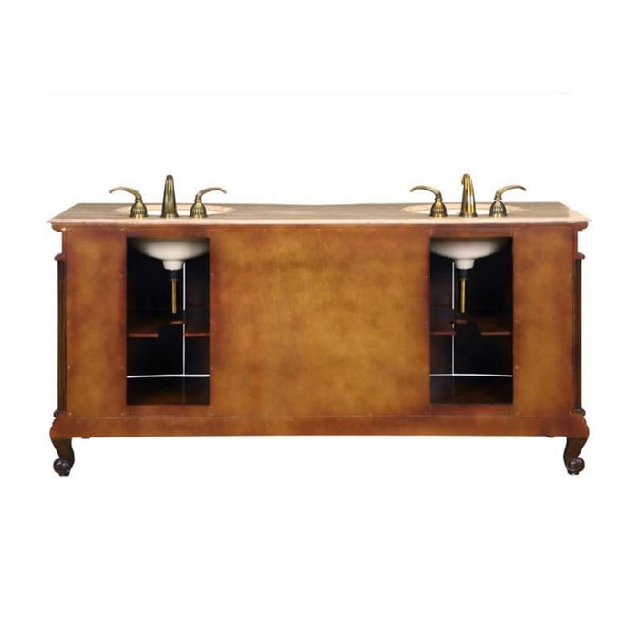 Vintage wooden double-sink bathroom vanity with gold faucets and marble countertop, featuring ornate curved legs and open storage shelves.