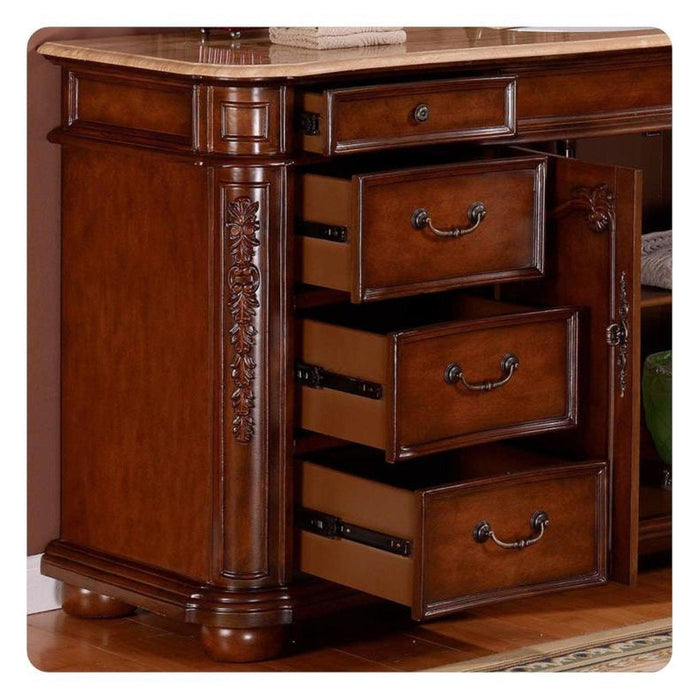 Dark wood dresser with three open drawers, ornate carved side column, and decorative metal drawer pulls.