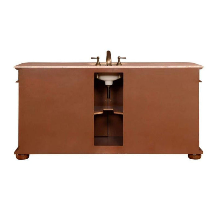 Wooden bathroom vanity with white sink, center open shelving, and bronze-colored finish with rounded feet.
