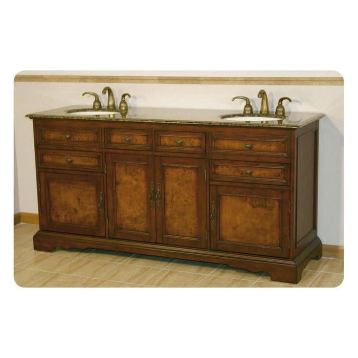 Antique wooden bathroom vanity with marble top, double sinks, and ornate brass faucets, featuring rich wood tones and decorative panels.