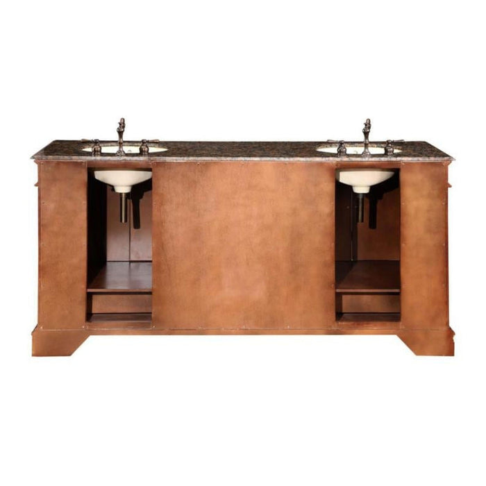 Silkroad Exclusive 72" Double Sink Red Chestnut Bathroom Vanity With Baltic Brown Granite Countertop and Ivory Ceramic Undermount Sink