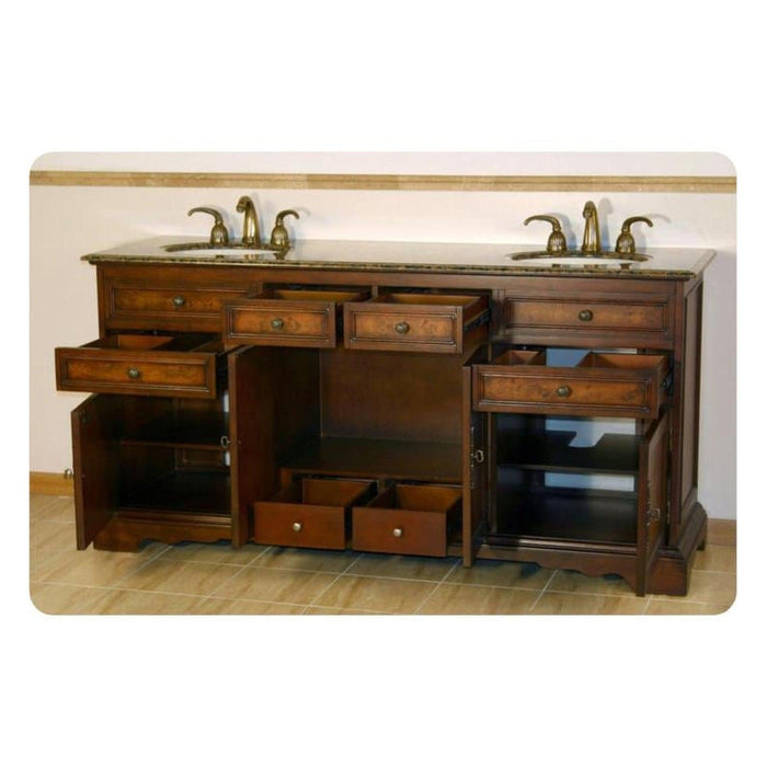 Dark wood bathroom vanity with two sinks, multiple drawers open to reveal storage space, sitting on tiled floor.