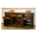 Antique wooden bathroom vanity with dark wood finish, multiple drawers, two marble sinks, and bronze faucets on tiled floor.
