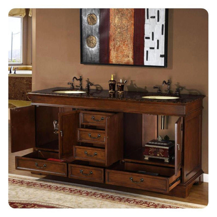 Silkroad Exclusive 72" Double Sink Red Chestnut Bathroom Vanity With Baltic Brown Granite Countertop and Ivory Ceramic Undermount Sink