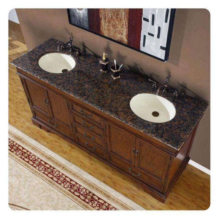 Silkroad Exclusive 72" Double Sink Red Chestnut Bathroom Vanity With Baltic Brown Granite Countertop and Ivory Ceramic Undermount Sink