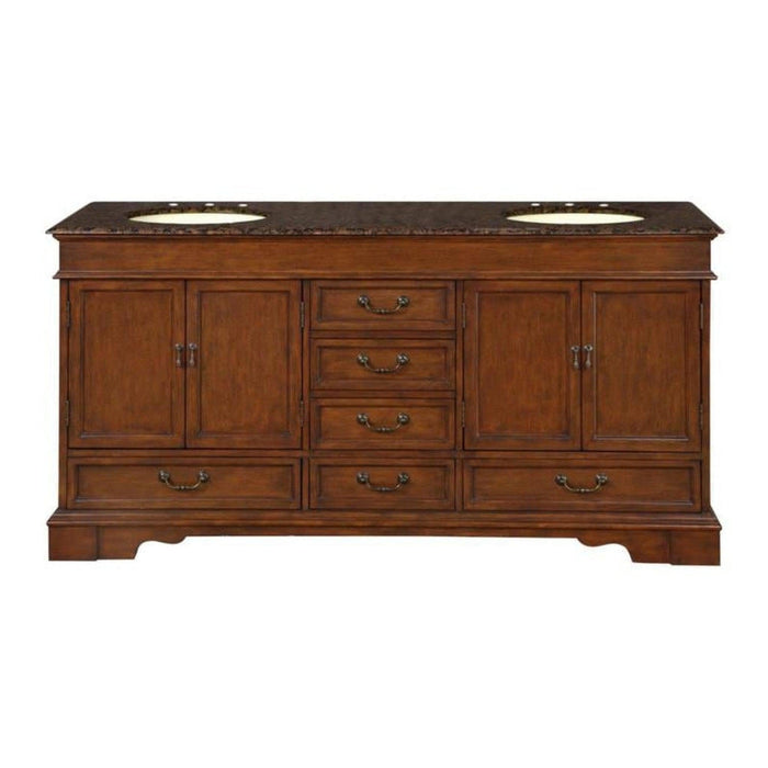 Silkroad Exclusive 72" Double Sink Red Chestnut Bathroom Vanity With Baltic Brown Granite Countertop and Ivory Ceramic Undermount Sink