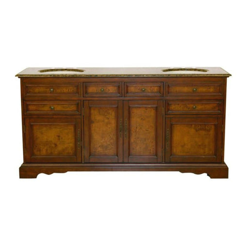 Traditional wooden bathroom vanity with two marble sinks, rich brown wood tones, multiple drawers, and ornate cabinet doors with burl wood panels.