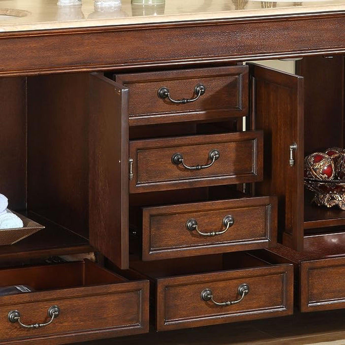 Rich wood dresser with multiple open drawers, antique bronze pulls, and decorative ornament visible on side shelf.