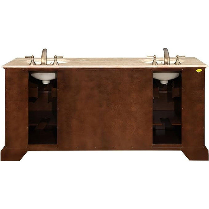 Double-sink bathroom vanity with dark wood cabinet, beige stone top, and brushed nickel fixtures.