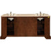 Double-sink bathroom vanity with dark wood cabinet, beige stone top, and brushed nickel fixtures.