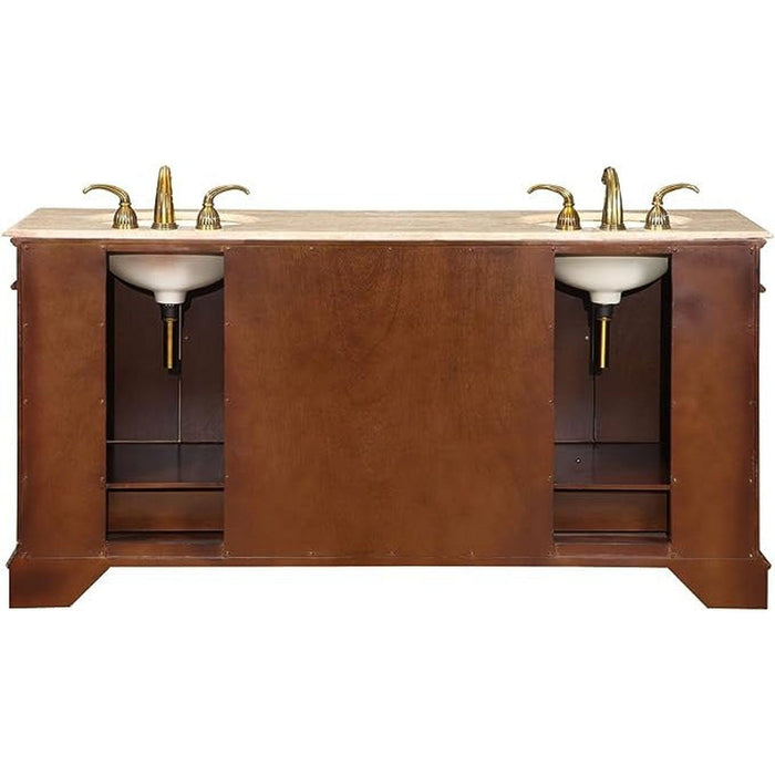 Double-sink wooden bathroom vanity with marble top and brass faucets, warm brown finish with elegant design