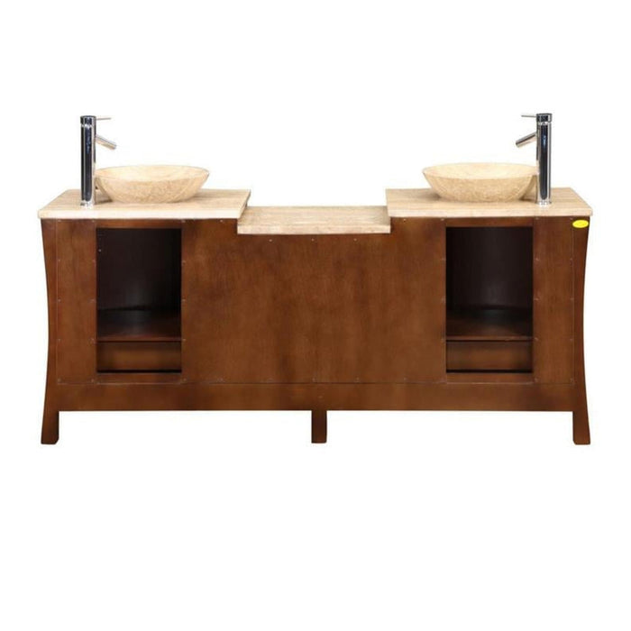 Double-sink bathroom vanity with wooden cabinet, stone vessel sinks, and chrome faucets.