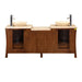 Double-sink bathroom vanity with wooden cabinet, stone vessel sinks, and chrome faucets.