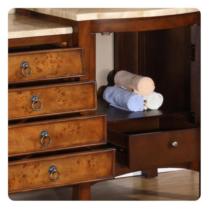 Wooden dresser with burl wood drawers and rolled towels in blue, white, and gray on an open shelf.