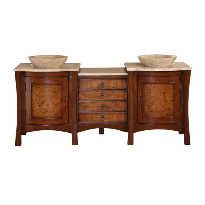 Elegant wood bathroom vanity with stone top, featuring two cabinets, four drawers, and round stone vessel sinks in warm brown tones.