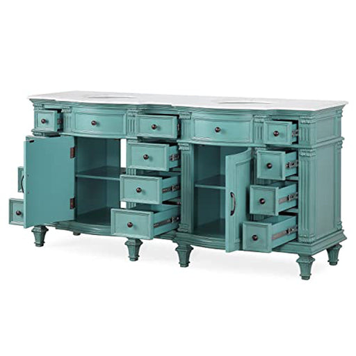 Vintage turquoise console with multiple drawers and cabinet doors, ornate detailing and turned legs.