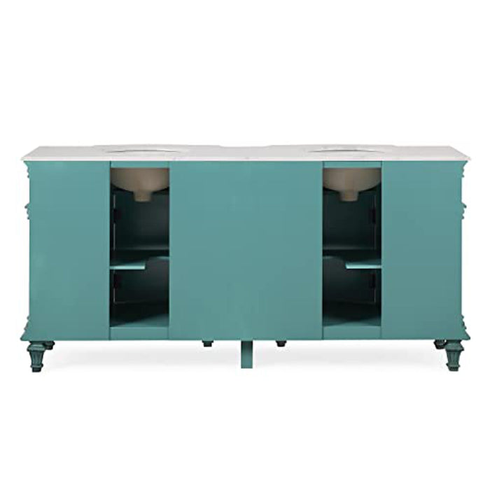 Turquoise bathroom vanity with white marble top, featuring two sinks and open storage shelves on ornate legs.