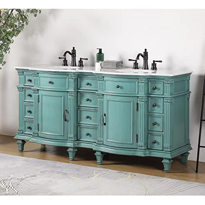 Vintage-style double bathroom vanity in mint green with white marble top, ornate details, and black faucets, sitting on patterned rug.