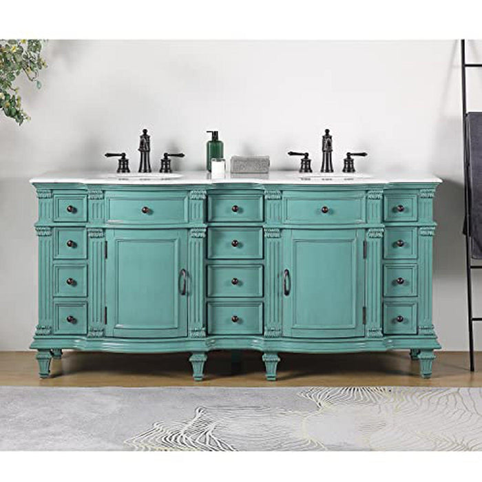 Vintage-style double vanity in mint green with ornate details, white marble top, and black fixtures.