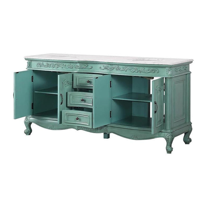 Vintage teal sideboard with ornate details, curved legs, two drawers, and three storage compartments with decorative carved trim.