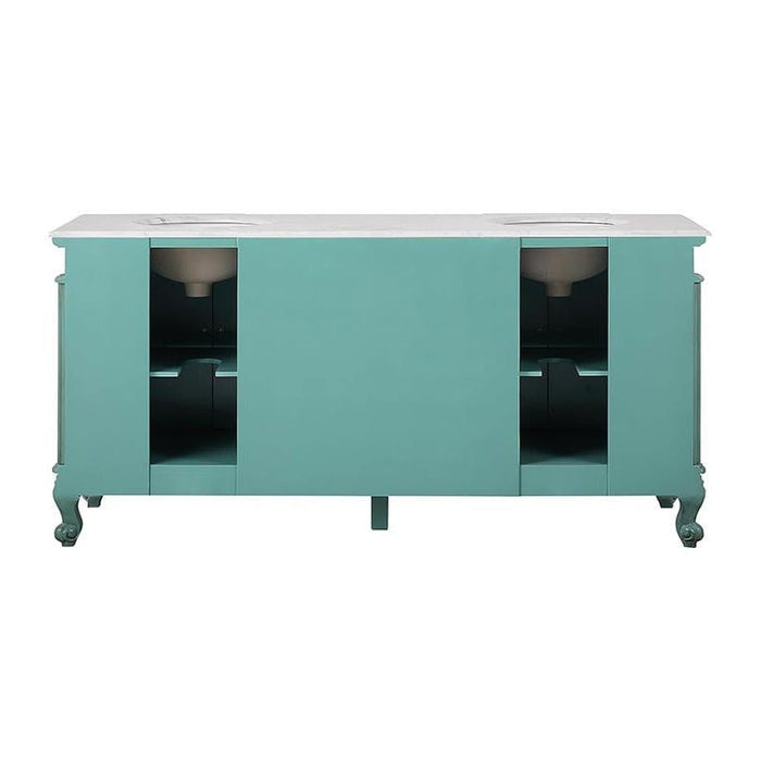 Mint green double bathroom vanity with white marble top, curved legs, and open storage compartments.