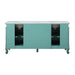 Mint green double bathroom vanity with white marble top, curved legs, and open storage compartments.