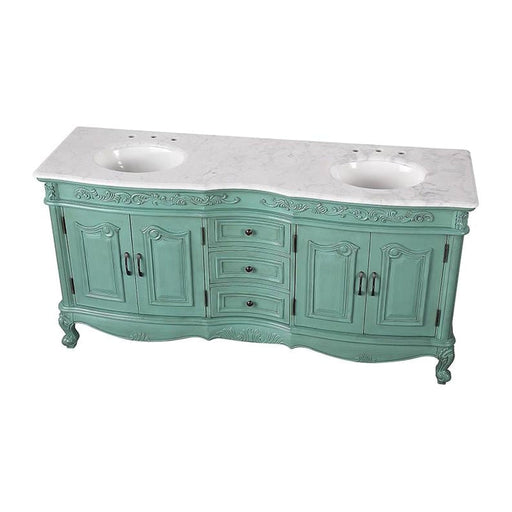 Vintage sage green double-sink bathroom vanity with ornate carved details and curved legs, topped with white marble countertop.