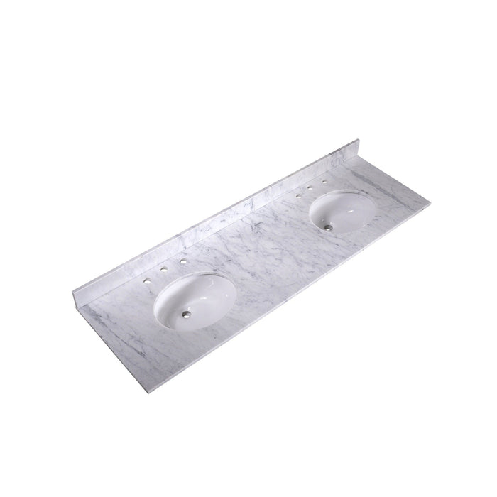 White marble double-sink vanity countertop with two oval undermount sinks and pre-drilled faucet holes.