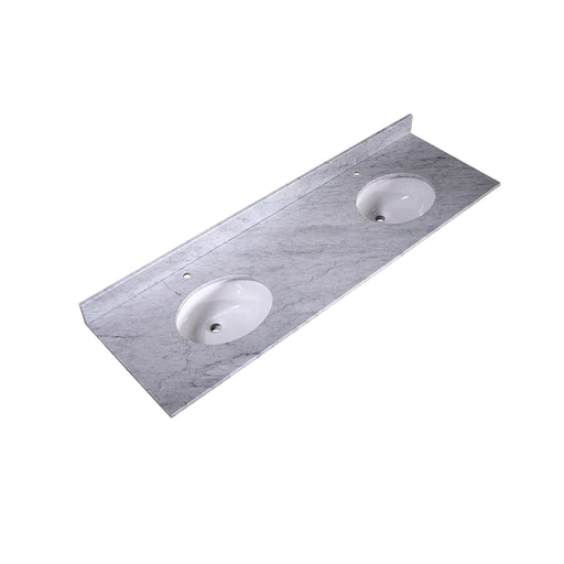 Gray marble bathroom vanity top with two white oval undermount sinks, sleek and modern design.