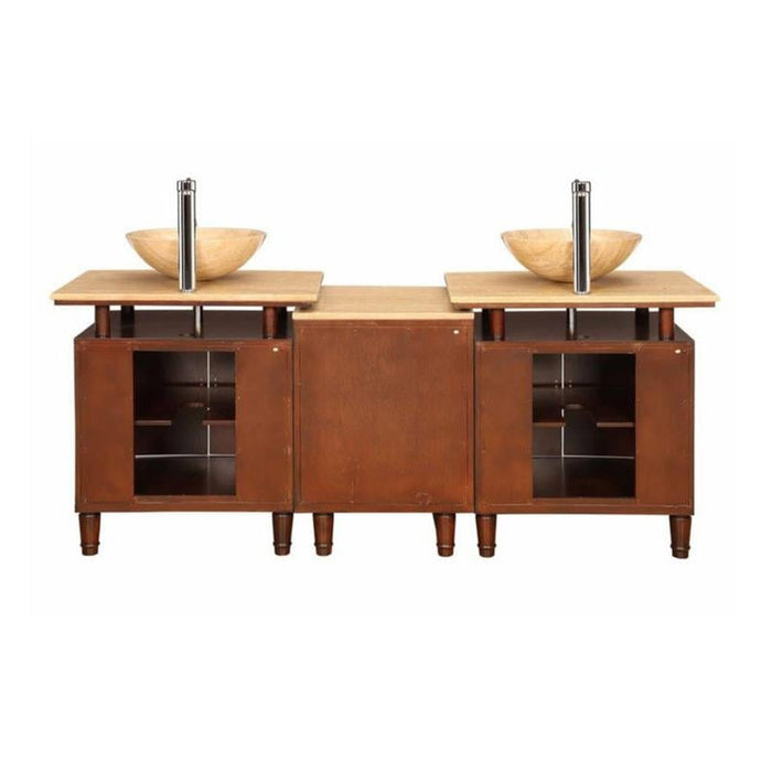 Bathroom vanity with wooden cabinets, two stone vessel sinks, and chrome faucets on a light wood countertop.