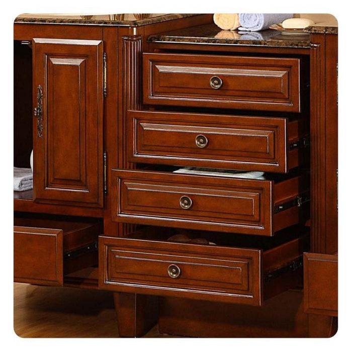Rich wood bathroom vanity with marble top, four open drawers and ornate side cabinet