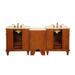 Wooden bathroom vanity with three sections, two sinks, marble countertop, and brass faucets on elegant carved base.
