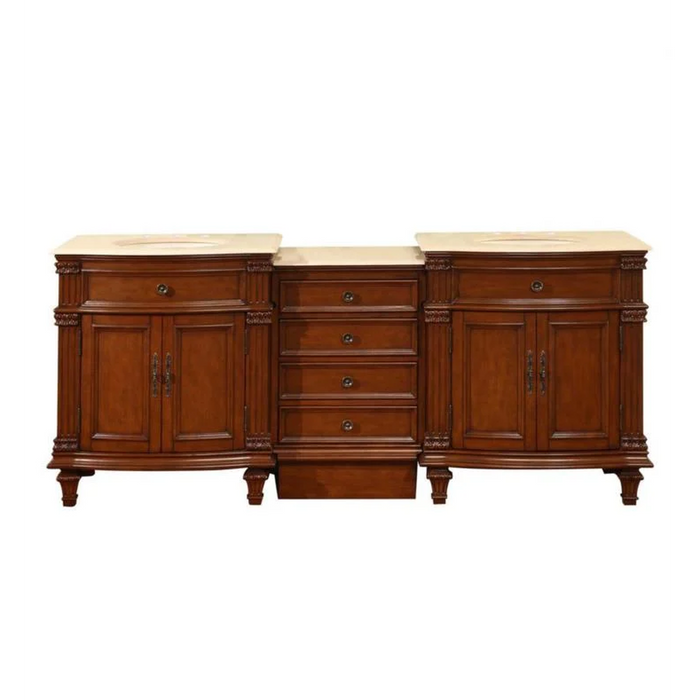 Elegant wooden sideboard with marble top, featuring carved details, three central drawers, and two side cabinets with ornate hardware.