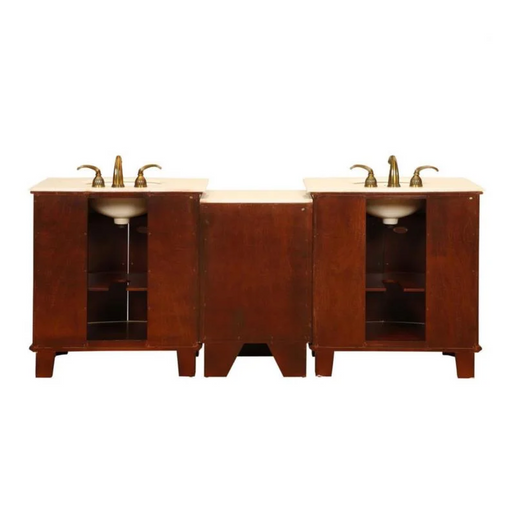 Wooden double vanity with rich cherry finish, two sinks, cream countertop, and gold-toned faucets, featuring open storage compartments on each side.