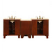 Wooden double vanity with rich cherry finish, two sinks, cream countertop, and gold-toned faucets, featuring open storage compartments on each side.